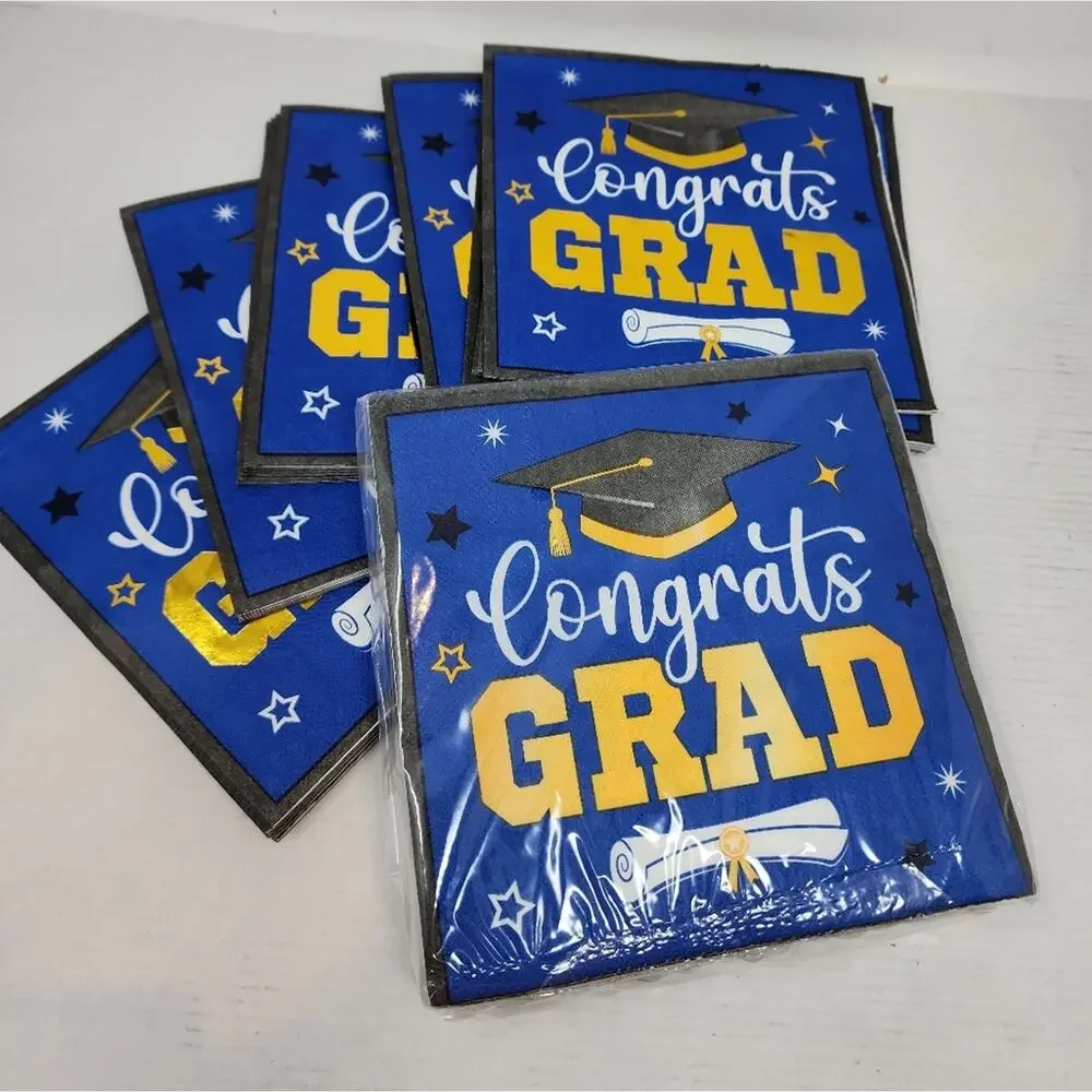 New Graduation Party Napkins Blue Gold 2 pkgs. 50 Count‎ Grad Party Decorations
